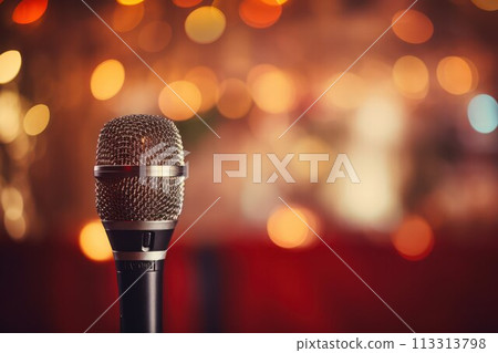 Microphone on stage background, close-up with bokeh effect 113313798