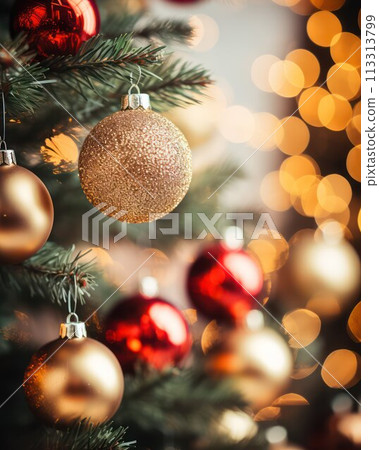 Christmas tree with decoration on bokeh background. Christmas and New Year concept. 113313799