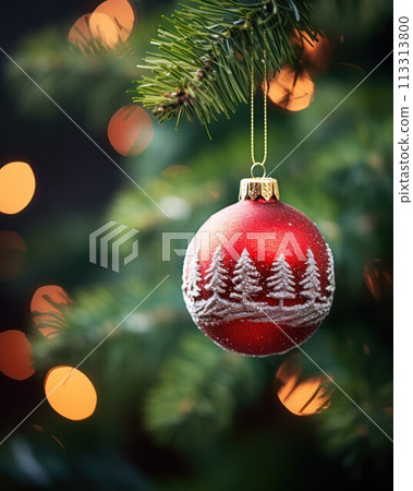 Christmas tree with decoration on bokeh background. Christmas and New Year concept. 113313800