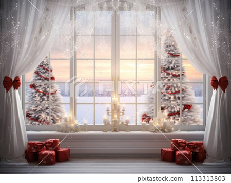 Christmas background with big window in the middle, gift boxes, candles. White, red colors. 113313803