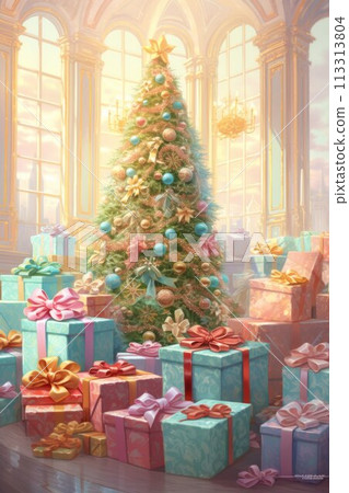 Christmas trees decorated. Pastel colors Christmas trees with lots of gifts. 113313804