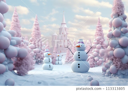 Christmas wonderland. Funny snowman in snow. Realistic 3d Christmas background. 113313805