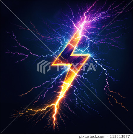 Colorful lightning bolt with purple and blue sparks. 113313977