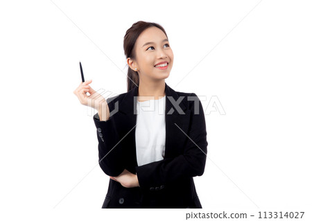 A cheerful young asian businesswoman in a suit, smiling and looking up, holding a pen. A cheerful young asian businesswoman in a suit, smiling and looking up, holding a pen. 113314027