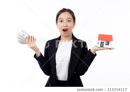 Portrait young asian businesswoman holding house and money for mortgage isolated. 113314117