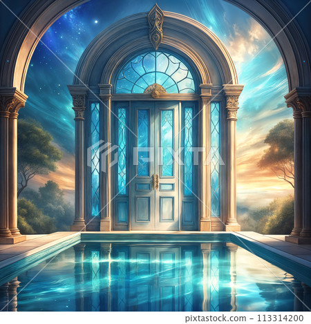 A grand entrance with a pool and a sky background. 113314200
