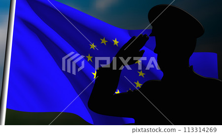 The silhouette of a soldier salutes the Europe flag 113314269