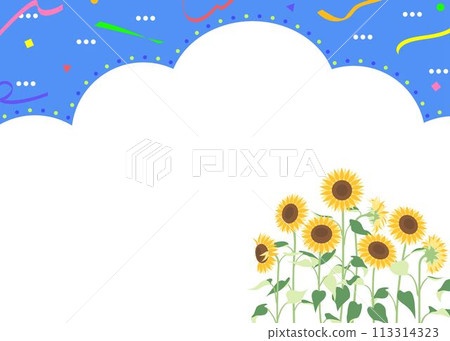 Frame of clouds and sunflowers in the blue sky, a pop background for summer images 113314323