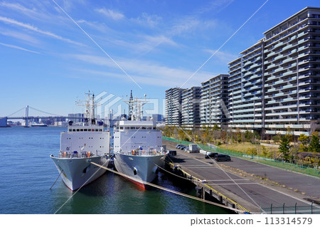 HARUMI FLAG on a clear day and the anchored research vessel / Front of the vessel 113314579