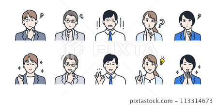 Worried, solved, young, office worker, business, facial expression, color icon set Worried, solved, young, office worker, business, facial expression, color icon set 113314673