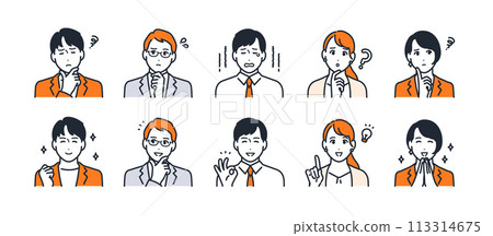 Simple facial expression icon illustration set material for young business people 113314675