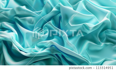 Wavy fashion wallpaper with layers of drapery and folded textile ruffles, 3d render, turquoise blue background 113314951