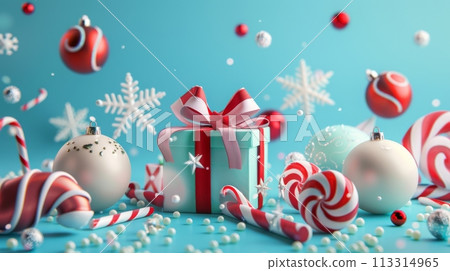 The Christmas ornaments, candy boxes, and gift boxes are rendered in 3D on a turquoise blue background. Seasonal holiday wallpaper. 113314965