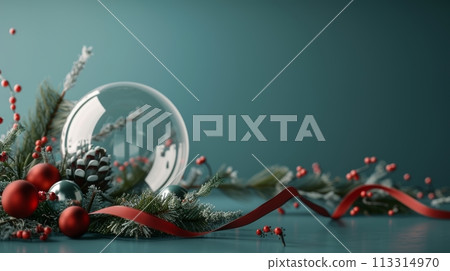 A festive turquoise blue background with a holiday scene featuring an empty glass ball, red ribbon, and green spruce branches. 113314970