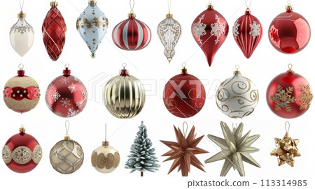 A 3D render of traditional Christmas ornaments and decorations. Isolated on a white background, this collection of festive arrangements..... A 3D render of traditional Christmas ornaments and decorations. Isolated on a white background, this collection of festive arrangements..... 113314985