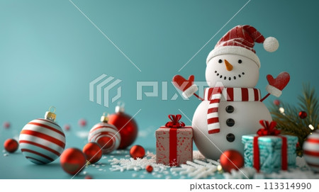 A 3D rendering of a festive Christmas greeting card featuring a smiling snowman, gift boxes, and ornaments on a turquoise blue background A 3D rendering of a festive Christmas greeting card featuring a smiling snowman, gift boxes, and ornaments on a turquoise blue background 113314990