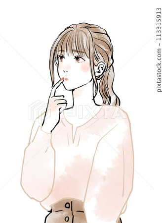 Thinking young woman looking up Thinking young woman looking up 113315913