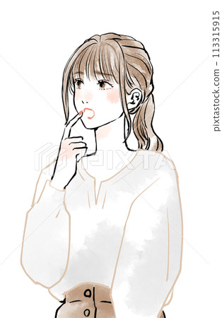 Thinking young woman looking up Thinking young woman looking up 113315915