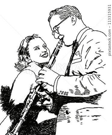 爵士單簧管演奏家與女歌手，線條畫 113315931