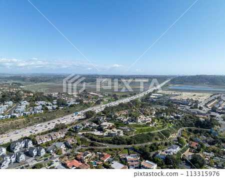 Aerial view of highway interchange and junction, San Diego Freeway interstate 5, California 113315976