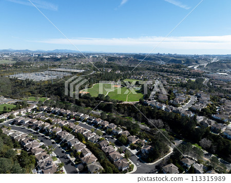 Aerial view of middle class subdivision neighborhood with residential houses in San Diego, California, USA. Aerial view of middle class subdivision neighborhood with residential houses in San Diego, California, USA. 113315989