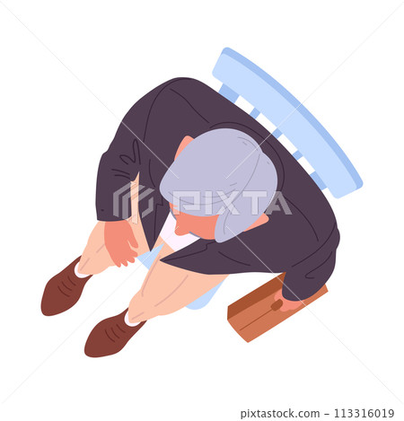 Elder man sitting on chair. Male character view from above, bussines man with with briefcase flat vector illustration. Sitting person top view Elder man sitting on chair. Male character view from above, bussines man with with briefcase flat vector illustration. Sitting person top view 113316019