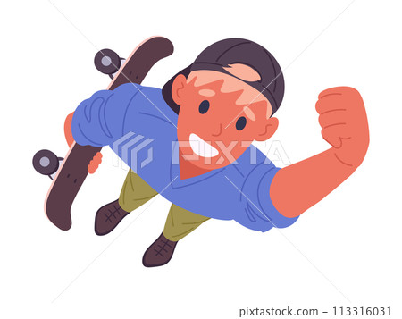 Male character looking upwards. Man top view look up, guy view from above amazed something in sky flat vector illustration. Person staring up 113316031