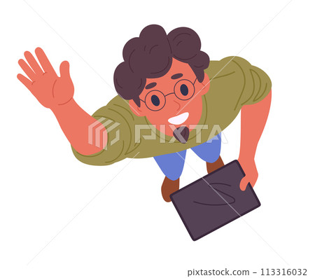 Male character waves his hand. Man looking upwards, person top view look up, guy view from above amazed something in sky flat vector illustration. Man staring up and waves his hand 113316032