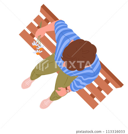 Man sitting on bench. Male character view from above, men with flowers top view flat vector illustration. Sitting guy top view 113316033
