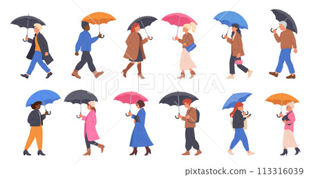 People walking under umbrella. Characters under rain with umbrellas, rainy season walking flat vector illustration set. Men and women walking under umbrella People walking under umbrella. Characters under rain with umbrellas, rainy season walking flat vector illustration set. Men and women walking under umbrella 113316039