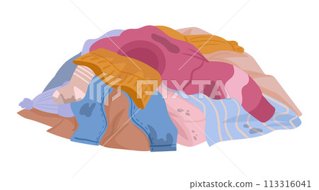 Pile of dirty laundry. Cartoon dirty clothes, laundry wrinkled stained clothing flat vector illustration on white background 113316041