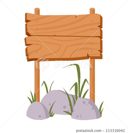 Rustic sign board. Wooden pathfinding banner, wood border on crossroad flat isolated vector illustration. Cartoon wooden sign on white 113316042