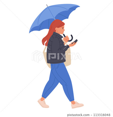 Woman under rain with umbrella. Female character walking under umbrella, rainy season walking flat vector illustration set. Cartoon girl walk under umbrella 113316048