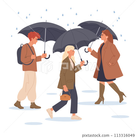 Women and men walking under umbrella. People walking under umbrella, rainy season walking flat vector illustration. Characters under rain with umbrella Women and men walking under umbrella. People walking under umbrella, rainy season walking flat vector illustration. Characters under rain with umbrella 113316049