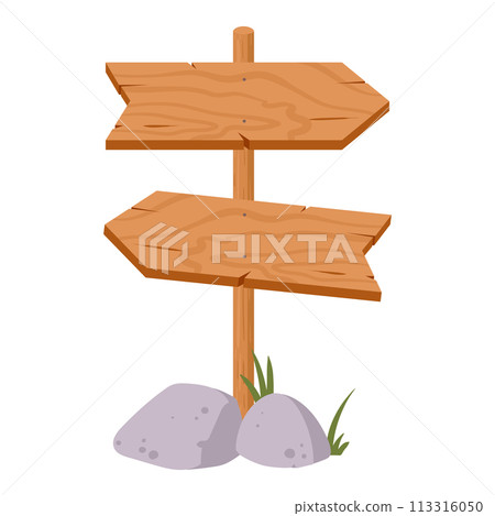 Wooden pathfinding sign. Arrow rustic sign boards, direction sign border flat isolated vector illustration. Wood sign board on white 113316050