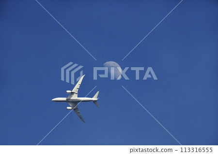 The moon floating in the blue sky and a passenger plane that suddenly appeared. The plane that flies carrying its own thoughts and circumstances leaves behind that sound and flies away. 113316555