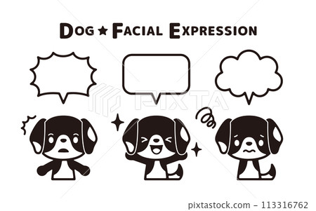 Set of monochrome illustrations of various faces of beagle dogs and speech bubbles 113316762