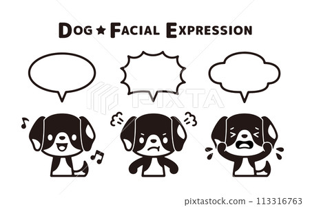 Set of monochrome illustrations of various faces of beagle dogs and speech bubbles Set of monochrome illustrations of various faces of beagle dogs and speech bubbles 113316763
