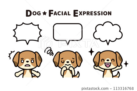 具有各種表情和語音氣泡的可愛小獵犬的插圖集 113316768