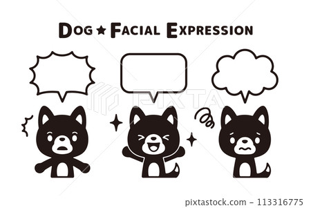 A set of monochrome illustrations of Shiba Inu with various faces and speech bubbles 113316775
