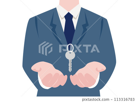 Stylish flat illustration of a businessman and a key Stylish flat illustration of a businessman and a key 113316783