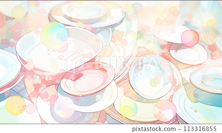 Dreamy watercolor illustration of washing dishes with lots of foam 113316855