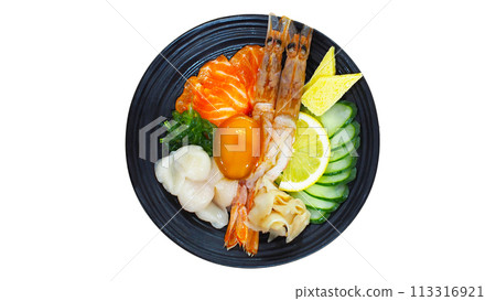 Cut out image of a bowl of sea food sushi on a white background. Use for illustrations, background images, or copy space. 113316921