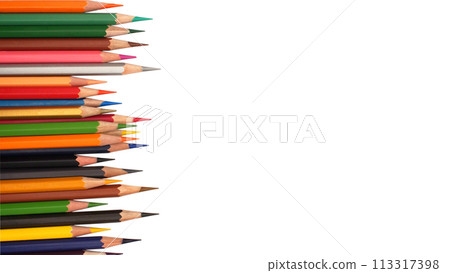 Border of an assortment of colourful pencils on white background Border of an assortment of colourful pencils on white background 113317398