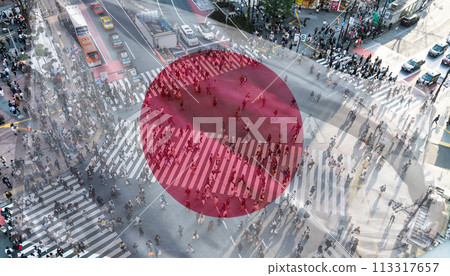 Collage of people crossing a scramble intersection seen from above with the Japanese flag 113317657