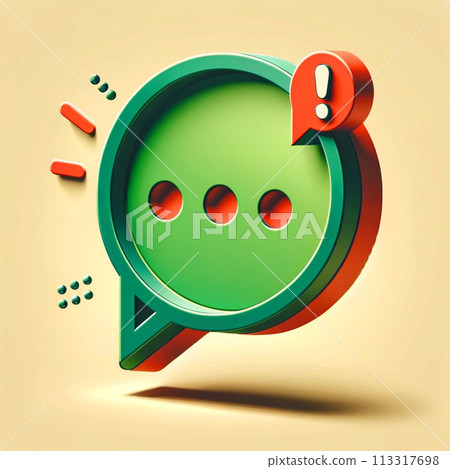3D illustration of a green chat bubble with an exclamation point, conveying a message of urgent or important conversation. 113317698