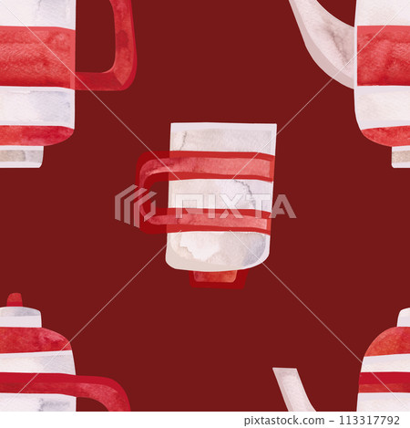 Watercolor seamless pattern with old-fashioned teapots and cups in red and white stripes. Pattern for seasonal wrapping paper, fabric, textiles, tablecloths and curtains in a tea cafe or coffee shop. Watercolor seamless pattern with old-fashioned teapots and cups in red and white stripes. Pattern for seasonal wrapping paper, fabric, textiles, tablecloths and curtains in a tea cafe or coffee shop. 113317792