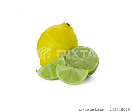 Lemon and lime isolated on white background. Lemon fruit Clipping Path.  113318059