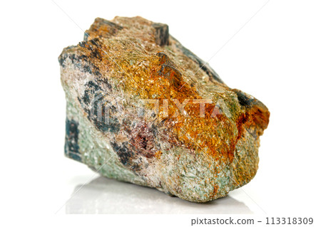 Macro stone mineral Diopside Calcite Magnetite on a white background 113318309