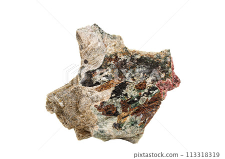 Macro stone mineral Actinolite on a white background Macro stone mineral Actinolite on a white background 113318319